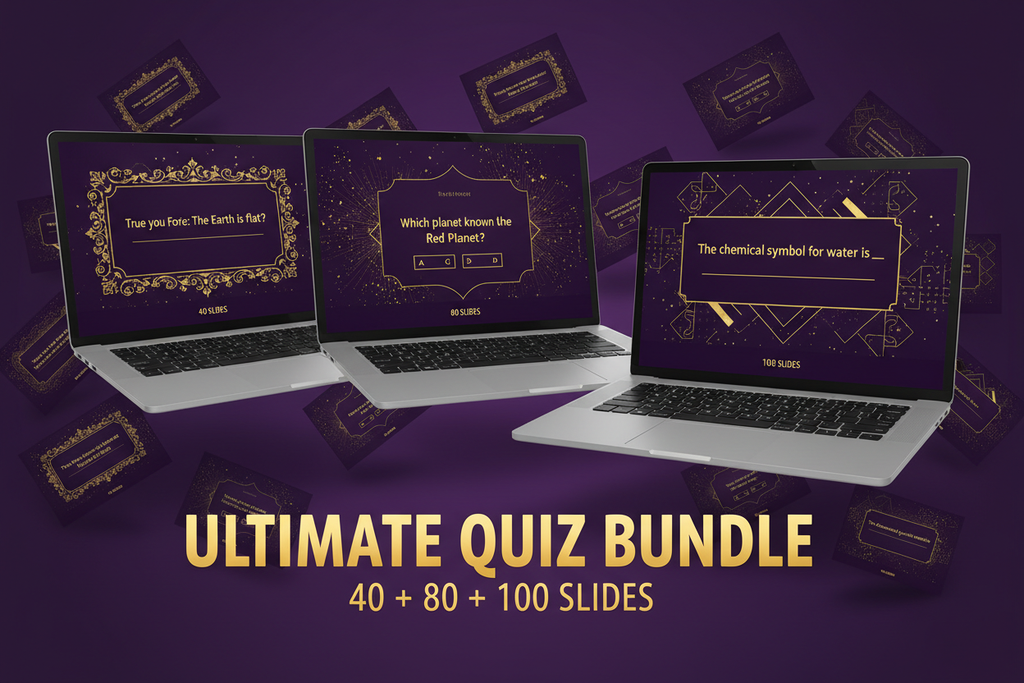 Ultimate quiz template bundle with 40, 80 and 100 slide PowerPoint decks in purple and gold
