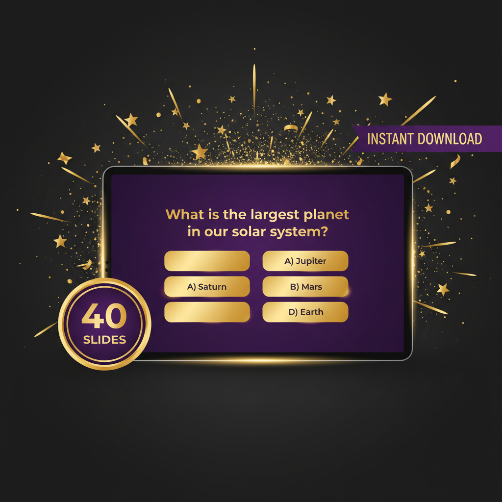 40-slide editable quiz PowerPoint template with purple and gold design, confetti and instant download badge