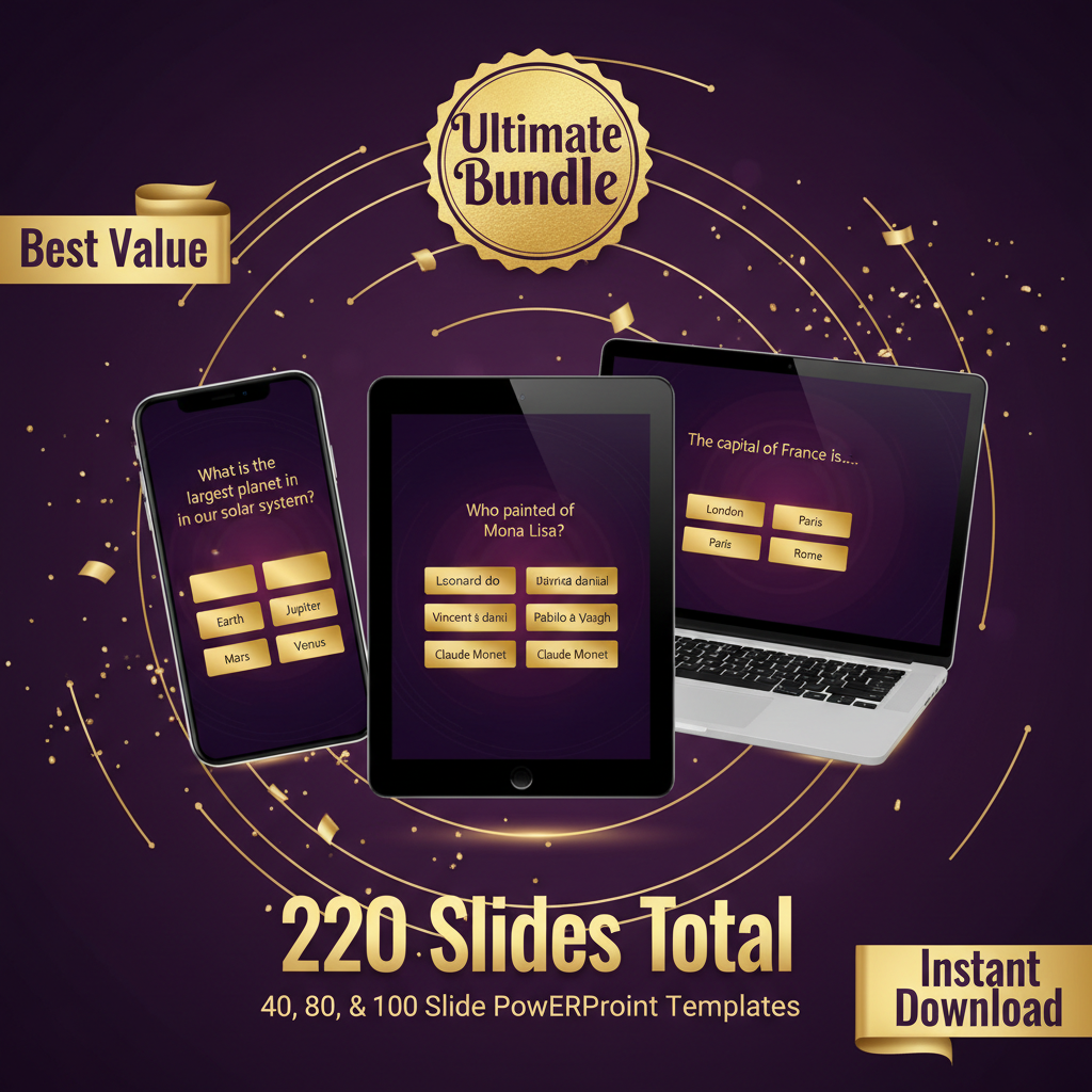 Ultimate quiz template bundle with 220 slides across 40, 80 and 100 slide PowerPoint decks in purple and gold with best value badge