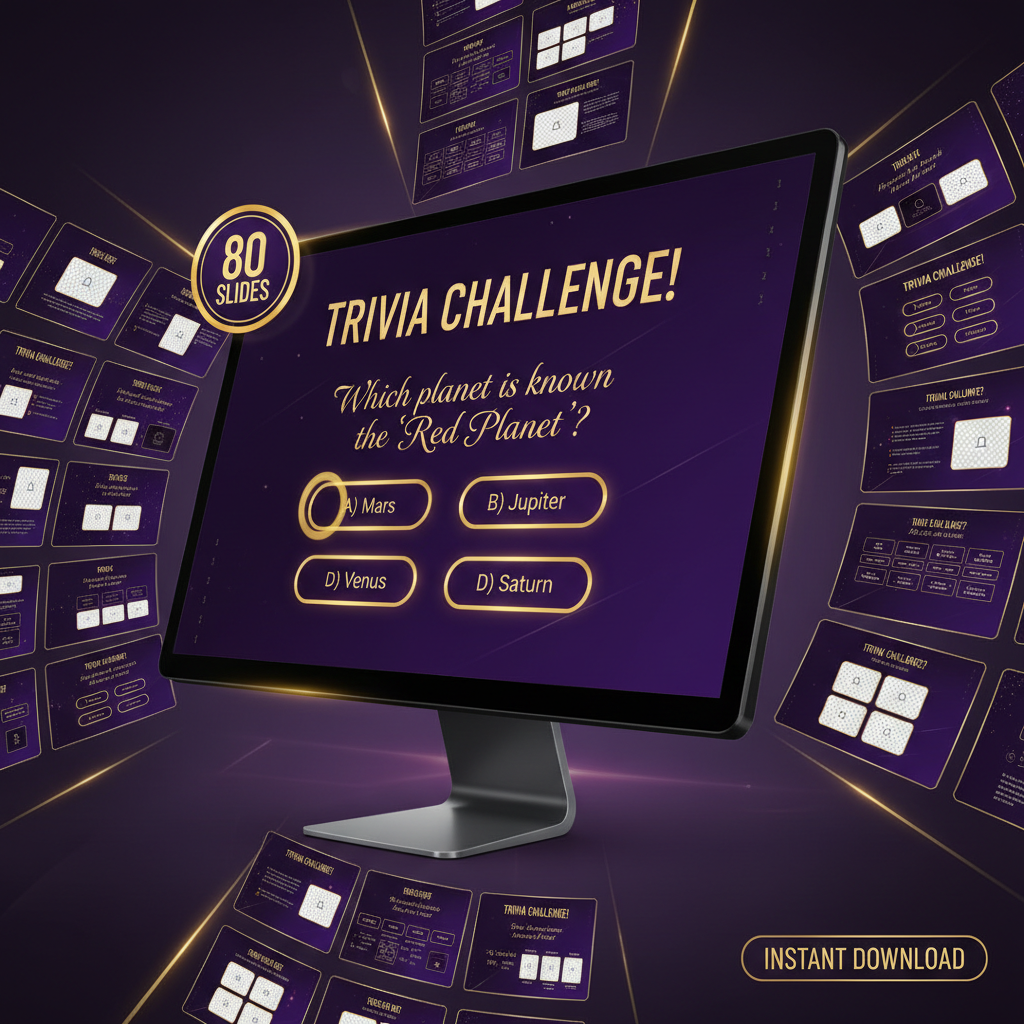 80-slide editable quiz PowerPoint template with purple and gold design, floating slide previews and instant download label