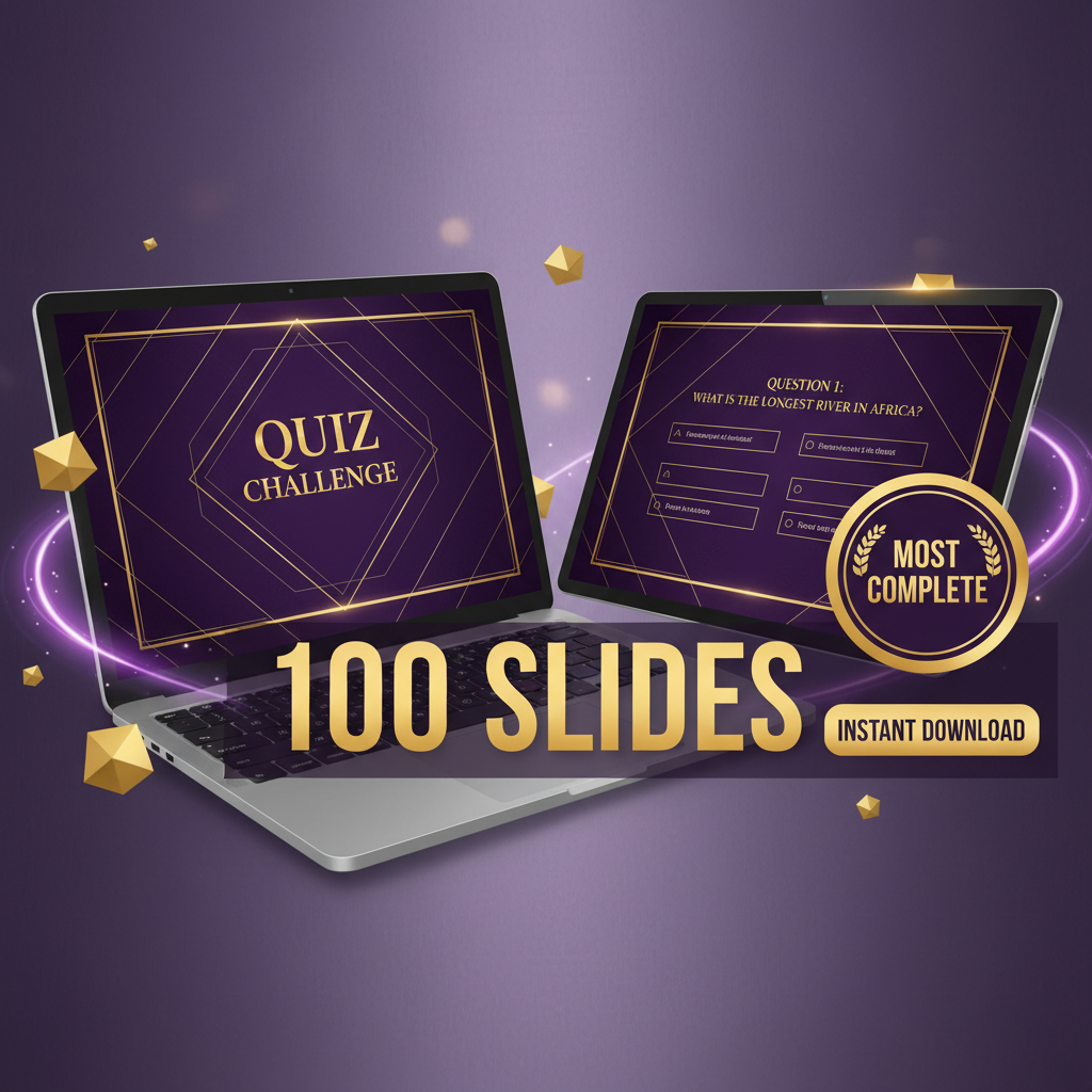100-slide editable quiz PowerPoint template with purple and gold design, dual device mockup and best value badge