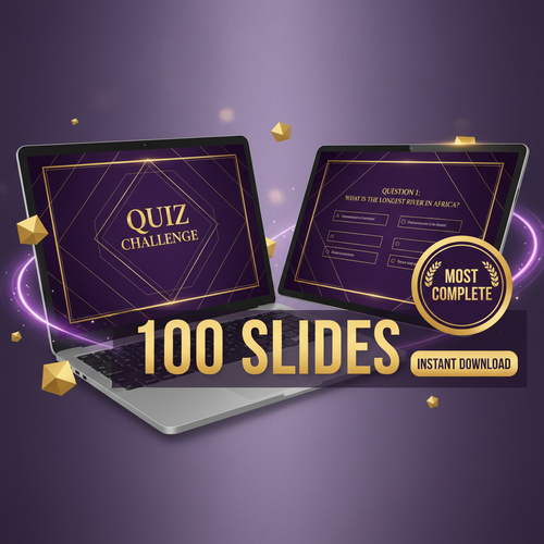 100-slide editable quiz PowerPoint template with purple and gold design, dual device mockup and best value badge